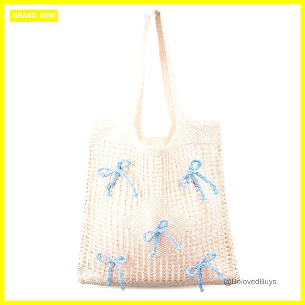 Crochet Mesh Tote Bag with Bow Design Lightweight Travel Shoulder Bag